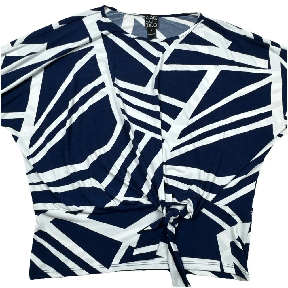 Clara Sun Woo Blue White Geometric Pattern Dolman Sleeve Side Tie Top Large - Picture 2 of 8